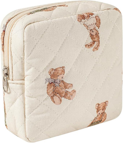 Small Quilted Cotton Makeup Bag for Purse, Cosmetic Bag with Compartments, Cotton Aesthetic Makeup Bag, Travel Toiletry Pouch, Key Pocket Lipstick Bag Card Holder Data Cable Organizer（01White Bear）