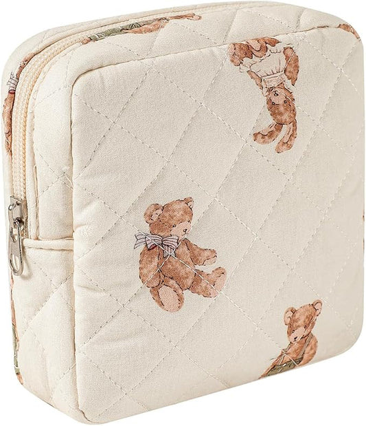 Small Quilted Cotton Makeup Bag for Purse, Cosmetic Bag with Compartments, Cotton Aesthetic Makeup Bag, Travel Toiletry Pouch, Key Pocket Lipstick Bag Card Holder Data Cable Organizer（01White Bear）