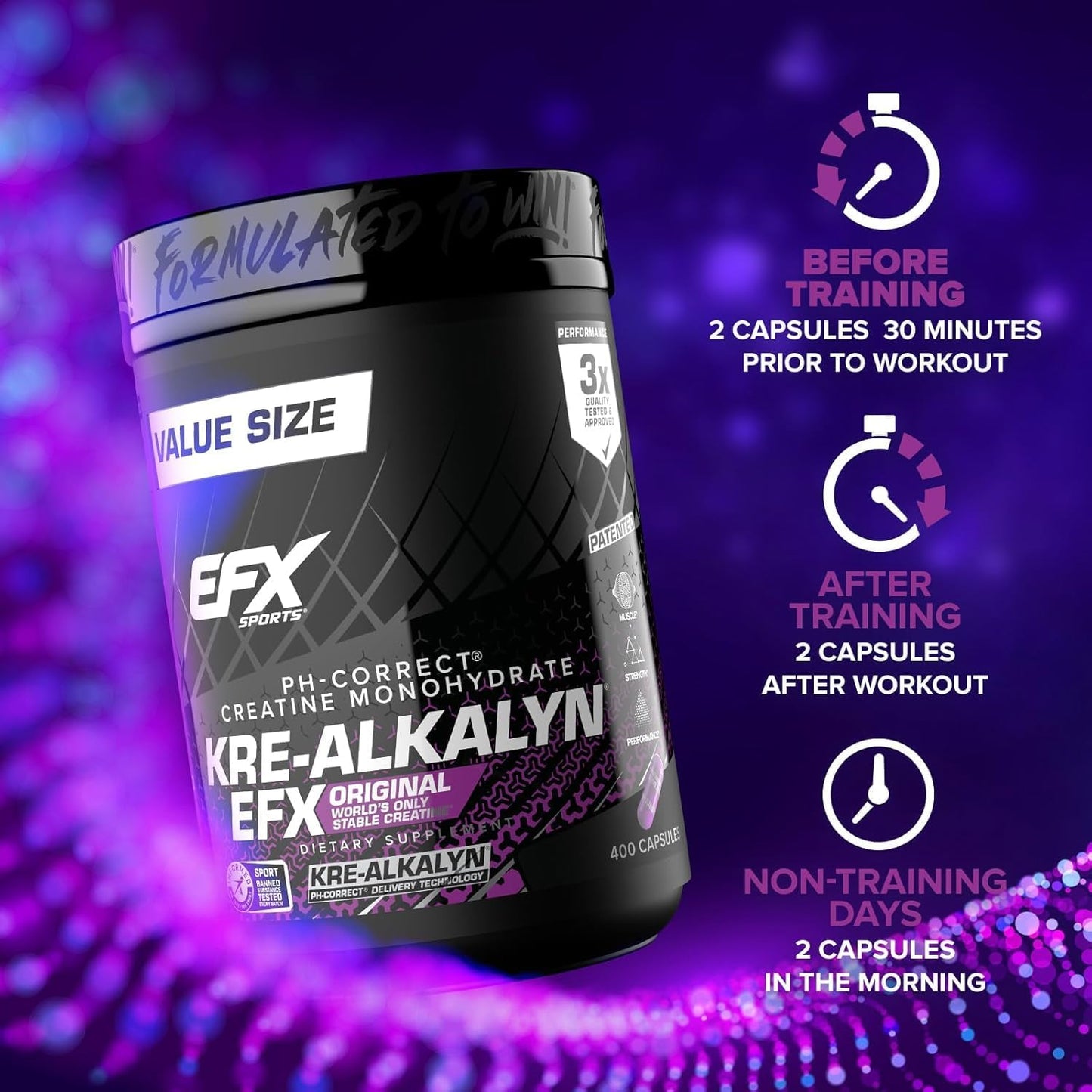 EFX Sports Kre-Alkalyn EFX | pH Correct Creatine Monohydrate Pill Supplement | Strength, Muscle Growth & Performance | 200 Servings, 400 Capsules