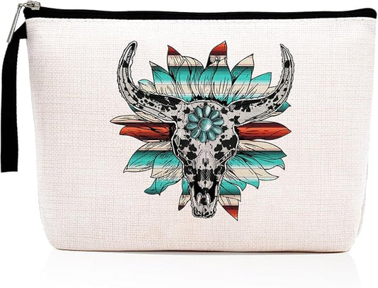 Western Cow Skull Makeup Bag Country Stuff Western Gifts for Women Female Country Girls Bestie BFF Cowgirl Gifts Cosmetic Bag Zipper Pouch Western Stuff Travel Bag Graduation Birthday Gifts