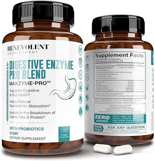High Fiber Digestive Enzymes Supplement - 180 Capsules, Proprietary 2500HUT Makzyme-Pro Blend Probiotics Plus Papaya, Bromelain, Multi Natural Extracts for Healthy Digestion & Bloating Reduction