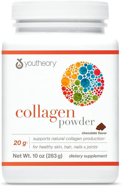 Youtheory Collagen Powder - Premium Collagen Supplement with Vitamin C & Biotin - Supports Healthy Hair, Nails, Skin & Joints* - Dairy, Soy, & Gluten Free - Chocolate, 10 oz