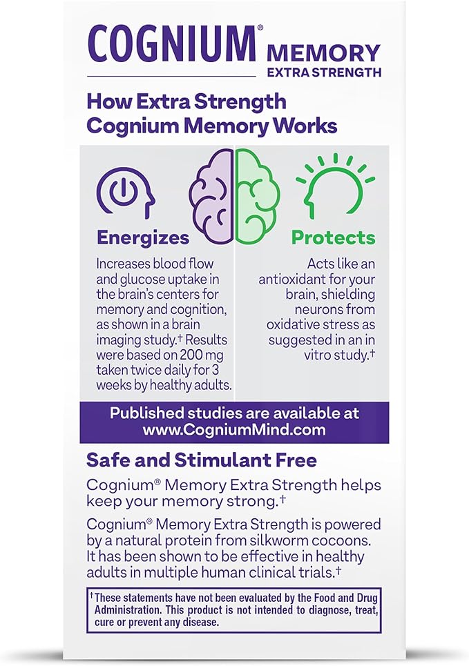 Natrol Cognium Memory Extra Strength Silk Protein Hydrolysate 200mg, Dietary Supplement for Brain Health and Memory Support, 60 Tablets, 30 Day Supply