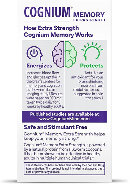 Natrol Cognium Memory Extra Strength Silk Protein Hydrolysate 200mg, Dietary Supplement for Brain Health and Memory Support, 60 Tablets, 30 Day Supply