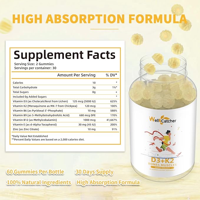 Vitamin D3 K2 Gummies - Vitamin D3 5000 IU K2 (MK-7) 120mcg Supplements with Vitamin B Complex Sugar Free for Adults Supports Bone Teeth Strength Immune Mango Flavor 60 Counts 1 Pack