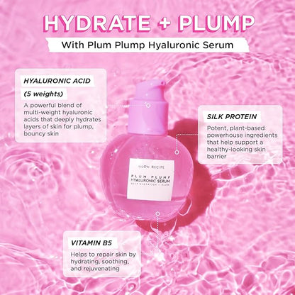 Glow Recipe Double the Plump Korean Skin Care Gift Set - Hyaluronic Acid Whipped Gel Face Cream, Moisturizer Refill Pod + Travel Size Plum Plump Serum for Hydrating Dry Skin (3 Count)
