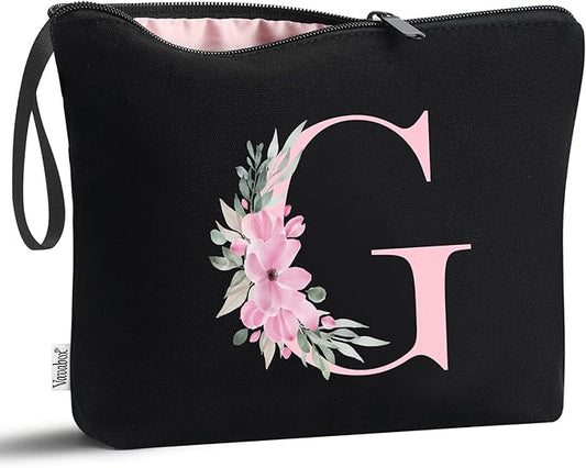 Vavabox A-Z Personalized Makeup Bag, Birthday Gifts for Women Mom, Gifts for Best Friend, Bride Bridesmaid Cosmetic bag (G, Black)