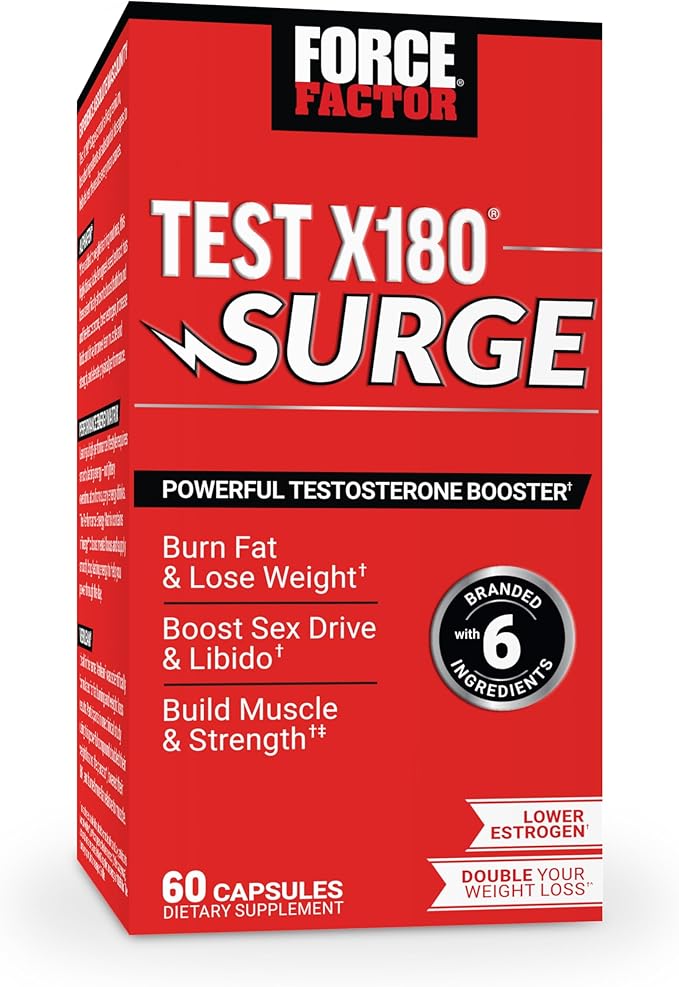 Force Factor Test X180 Surge Testosterone Support for Men, Male Vitality Enhancing Supplement, Promote Muscle & Strength, Support Weight, Boost Long-Lasting Energy, 60 Capsules