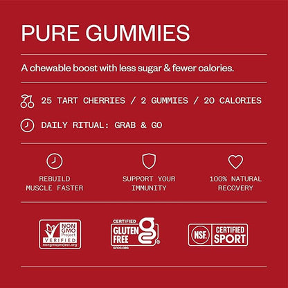 Cheribundi 100% Tart Cherry Gummies Pure Performance for Maximum Recovery with 25 Tart Cherries & 20 Calories per Serving - Powerful Antioxidant, Non-GMO, Gluten Free, Vegan - 60 Count (30 Servings)