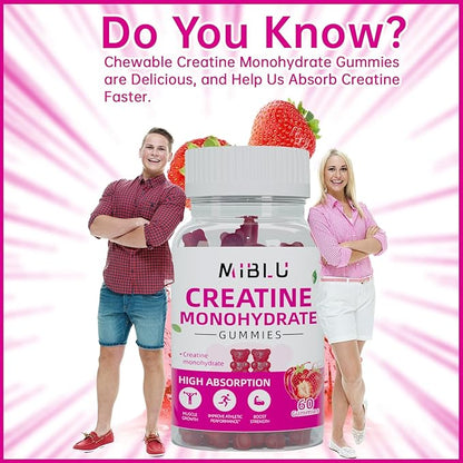 Chewables Creatine Monohydrate for Muscle Strength & Builder, 5000mg Pre-Workout Creatine Monohydrate Gummies for Men & Women, Energy Boost, 60 Count - Strawberry.