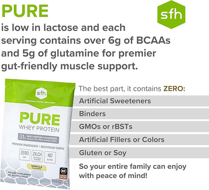 SFH Pure Whey Protein Powder | Best Tasting Grass Fed New Zealand Whey | All Natural | 100% Non-GMO, No Artificials, Soy Free, Gluten Free | Vanilla (Pack of 10 Single Serves)