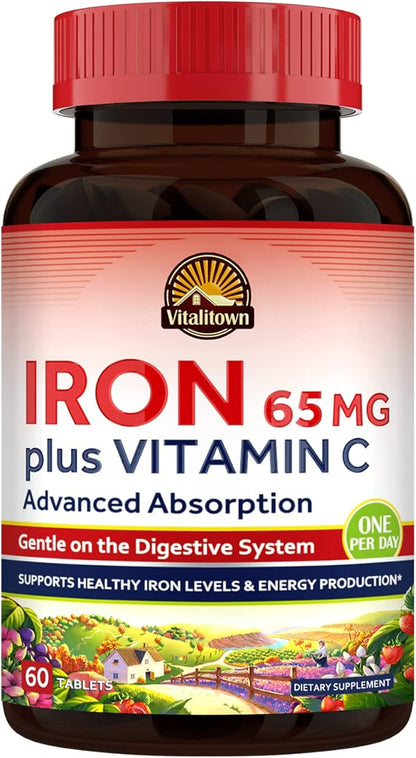 Vitalitown Iron Supplement for Women Men, Hign Potency 65mg Iron with Vitamin C 250mg, Less Constipating, Better for Blood Building & Energy Improvement, No Gluten, Non-GMO 60 Vegan Iron Pills