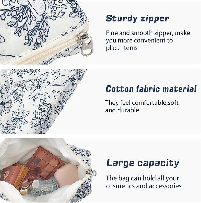 Quilted Makeup Bag Set 3 Pcs Cotton Cute Makeup Bags For Women Large Aesthetic Floral Cosmetic Bag Coquette Flower Makeup Pouch