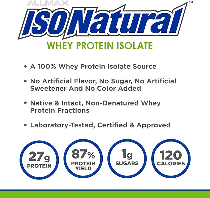 ALLMAX ISONATURAL Whey Protein Isolate, Unflavored - 2 lb - 27 Grams of Protein Per Scoop - Zero Fat & Sugar - 99% Lactose Free - with Prebiotics - No Artificial Flavors - Approx. 31 Servings