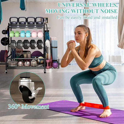 Dumbbell Rack, Weight Rack for Kettlebells, Heavy-Duty Home Gym Storage Rack for Yoga Mat and Workout Equipment, Storage Holder with Wheels, Hooks and Mesh Top