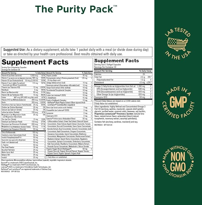 Purity Pack (Elite Multi + Fish Oil + COQ10) - Purity Products - 1280mg of EPA + DHA + Omega-3's from Ultra Pure Fish Oil - Power Packed with Vitamins, Minerals, Super Fruits & more - 30 To-Go Packets