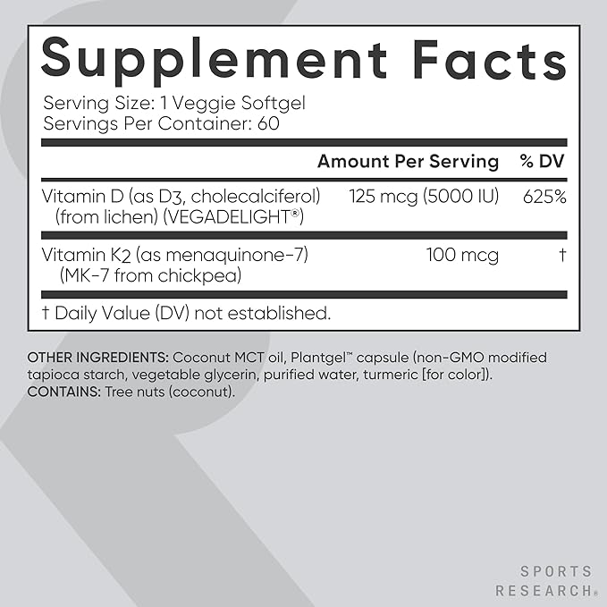 Sports Research Vitamin D3 + K2 w/ Coconut Oil - Vegan Vitamin D 5000iu & Mk7 Vitamin K 100mcg for Bone & Immune Support - Vegan Certified · Non-GMO · Soy Free - 60 Softgels