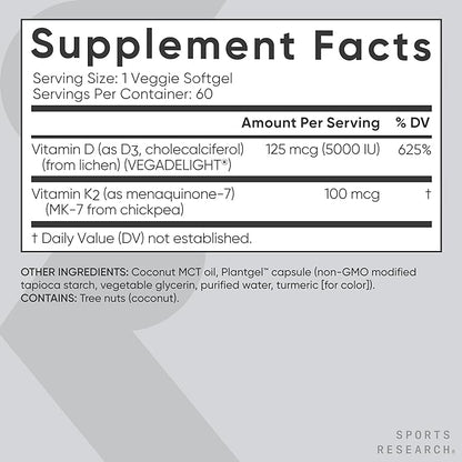 Sports Research Vitamin D3 + K2 w/ Coconut Oil - Vegan Vitamin D 5000iu & Mk7 Vitamin K 100mcg for Bone & Immune Support - Vegan Certified · Non-GMO · Soy Free - 60 Softgels