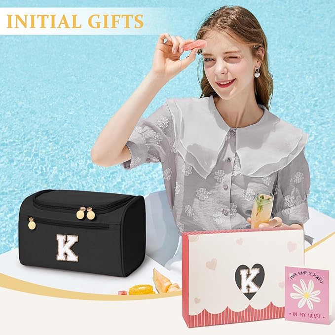 COSHAYSOO Trendy Appreciation Gifts for Women Coworker Leaving Going Away Farewell Goodbye New Job Administrative Professional Day, Travel Hanging Toiletry Bag Waterproof Toiletries Black Letter K