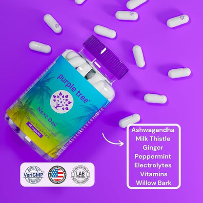purple tree Next Day, Post-Celebration Wellness - Take Tomorrow | Replenish & Feel Your Best | Ashwagandha, Ginger, Peppermint, Milk Thistle, Electrolytes, Vitamins, 30 Pills