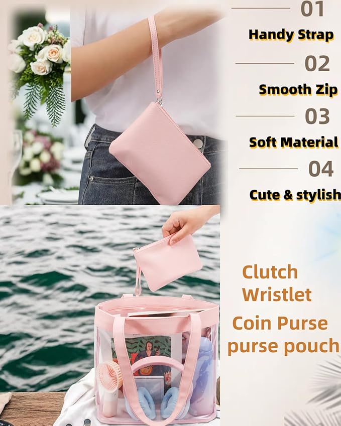 Small Makeup Bag for Purse Mini Cosmetic Pouch Zipper Little Wristlet, Tiny Make Up Organizer Lipstick Feminine Product Car Change Coin Holder for Women, 4.5 x 6.5 Clutch Stadium Approved, 1 Pink