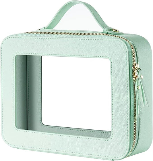 Keains Clear Makeup Bag for Women，Cosmetic Organizer Case Transparent Waterproof Travel Toiletry Bag with Zipper，Portable Make Up Organizer Traveling Compact Car Bag for Essentials（Mint Green）