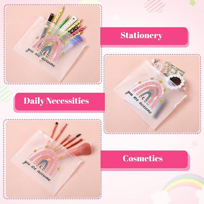 Reginary 100 Pcs Inspirational Gifts for Girls Women Travel Cheer Makeup Bag Bulk Loved Quotes Cosmetic Bags with Zipper Thank You Encouragement Birthday Gift Bag for Nurse Teacher Friend (Charming)