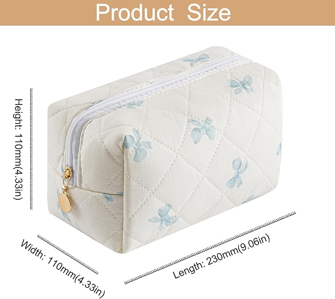 Quilted Cotton Makeup Bag Travel Cosmetic Bag for Women Girls, Zipper Make Up Pouch, Bow Pattern Toiletry Organizer Makeup, Portable Storage Bag (Blue Bow Tie)