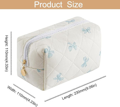 Quilted Cotton Makeup Bag Travel Cosmetic Bag for Women Girls, Zipper Make Up Pouch, Bow Pattern Toiletry Organizer Makeup, Portable Storage Bag (Blue Bow Tie)