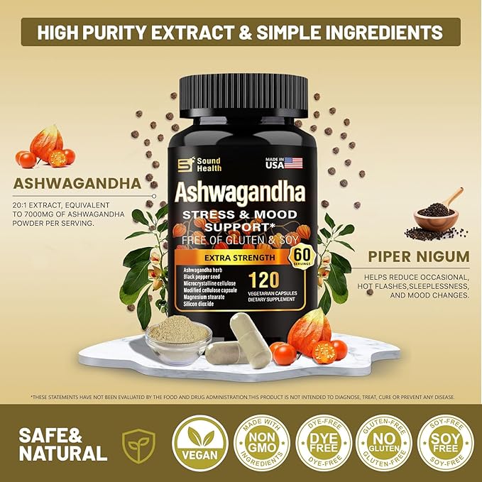 Organic Ashwagandha Capsules Supplement - 7000mg Herb Powder Equivalent per Serving - Stress Relief, Immune Support, Hormone Balance - Enhanced Nutrient Absorption - 120 Capsules (60 Servings)