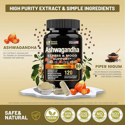 Organic Ashwagandha Capsules Supplement - 7000mg Herb Powder Equivalent per Serving - Stress Relief, Immune Support, Hormone Balance - Enhanced Nutrient Absorption - 120 Capsules (60 Servings)
