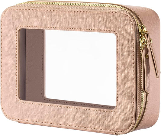 Keains Clear Makeup Bag for Women Cosmetic Organizer Case Transparent Waterproof Travel Toiletry Bag with Zipper Portable Make Up Organizer Traveling Compact Car Bag for Essentials（Pink）