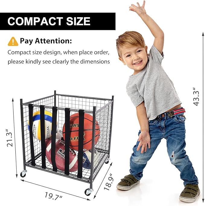 Mythinglogic Rolling Sports Ball Storage Cart, Sports Lockable Ball Storage Locker with Elastic Straps, Stackable Ball Cage for Garage Storage Garage Organizer