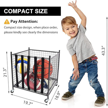 Mythinglogic Rolling Sports Ball Storage Cart, Sports Lockable Ball Storage Locker with Elastic Straps, Stackable Ball Cage for Garage Storage Garage Organizer