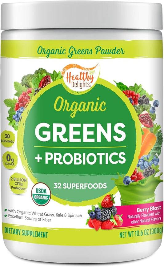 Healthy Delights Organic Greens Powder, Greens Powder with Fiber, Organic Greens Powder Superfood, Naturally Boost Energy, USDA Organic, Delicious Berry Flavored, 30 Servings (Packaging May Vary)