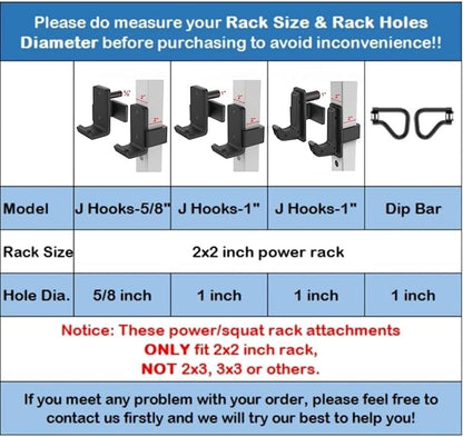 SELEWARE Solid Steel J Hooks for 2" x 2" or 3" x 3" Tube Power Cage with 1" or 5/8" Hole Squat Rack Attachment, J-Hook Barbell Holder for Power Rack, Set of 2