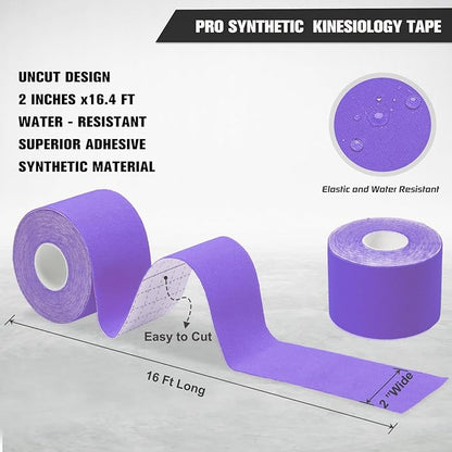 Pro Synthetic Kinesiology Tape 2 Rolls, Athletic Sports Tape for Muscle Joint Support, Pain Relief for Knee Elbow Wrist Ankle, 2 in x 16.4 Ft, Purple