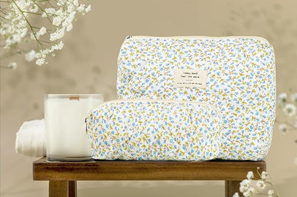 3PCS Makeup Bag Large Cosmetic Pouch Bag with Handle Cute Floral Small Makeup Bag for Purse, Quilted Cotton Skincare Storage Bag Travel Makeup Bag Set for Women, Bridesmaids, Gifts, Fresh Blue