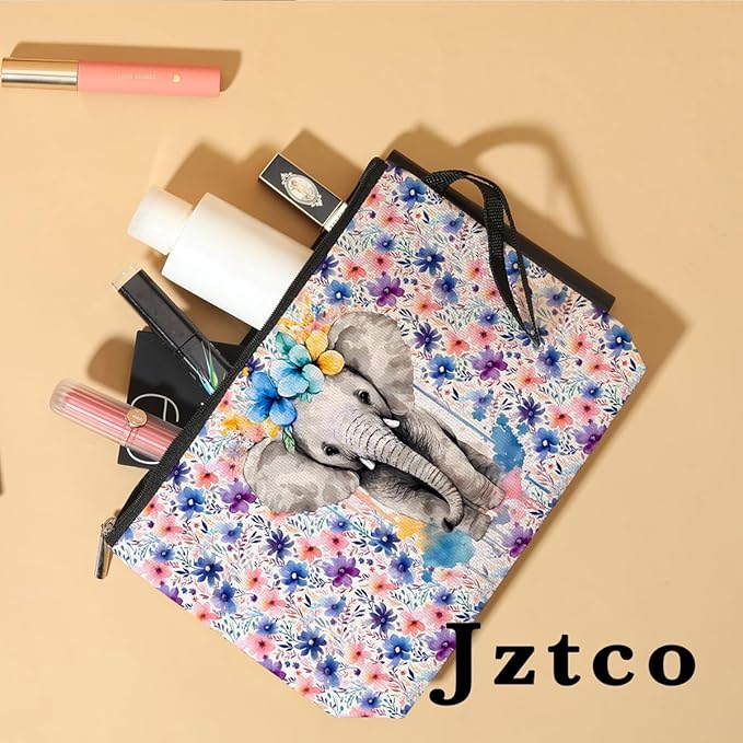Jztco Elephant Cosmetic Bags Elephant Themed Gifts Animal Lover Gifts for Female Farm Girl BFF Best Friend Coworker Toiletry Bag Graduation Mothers Day Birthday Gift Floral Makeup Bag