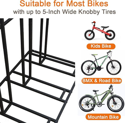 Stand Bike Racks for Garage, 4 Bike Stand Rack with Storage Basket, Metal Floor Bike Parking, Garage Organizer Suitable for Mountain, Hybrid, Adult and Kids Bikes