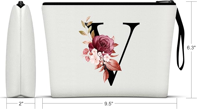 Vavabox A-Z Personalized Makeup Bag, Birthday Gifts for Women Mom, Gifts for Best Friend, Bride Bridesmaid Cosmetic bag (V, White)