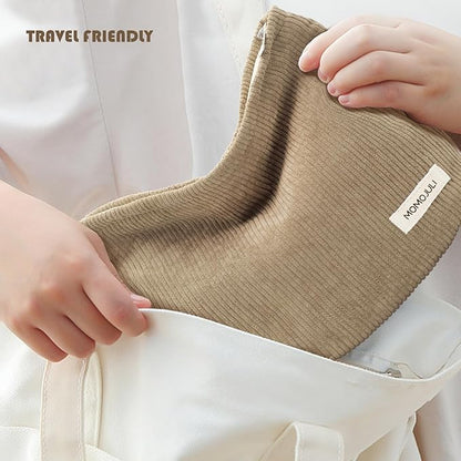 Corduroy Makeup Bag Cosmestic Bag Large Capacity Ladies Women Aesthetic Make Up Organizer Accessories Zipper Pouch Purse （Beige+Light Khaki）