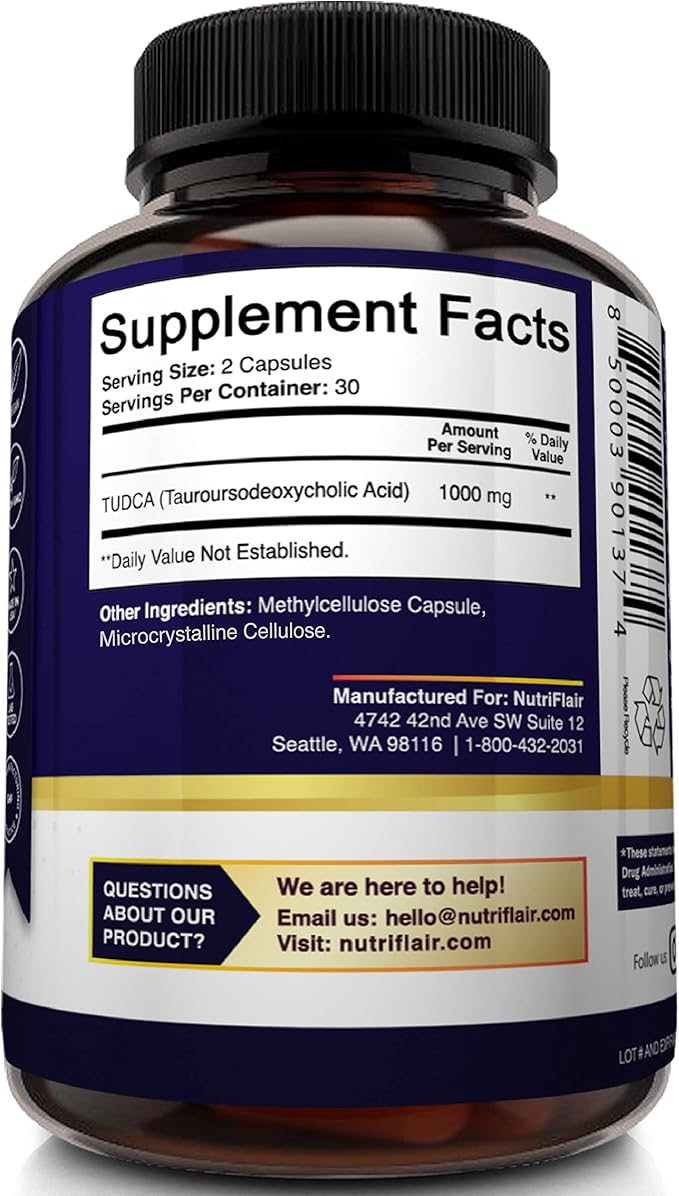 NutriFlair Pure TUDCA 1000mg - Premium Tauroursodeoxycholic Acid Bile Salts, Detox & Cleanse, Non-GMO, Gluten-Free. Liver, Kidney & Gallbladder Support- Made in USA, 60 Capsules