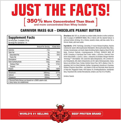 MuscleMeds CARNIVOR Mass Gainer Beef Protein Isolate Shake, 50 Grams Protein, 125 Grams Carbs, 0 Fat, 0 Sugar, Lactose Free, Halal Certified, Chocolate Peanut Butter, 6 Pound