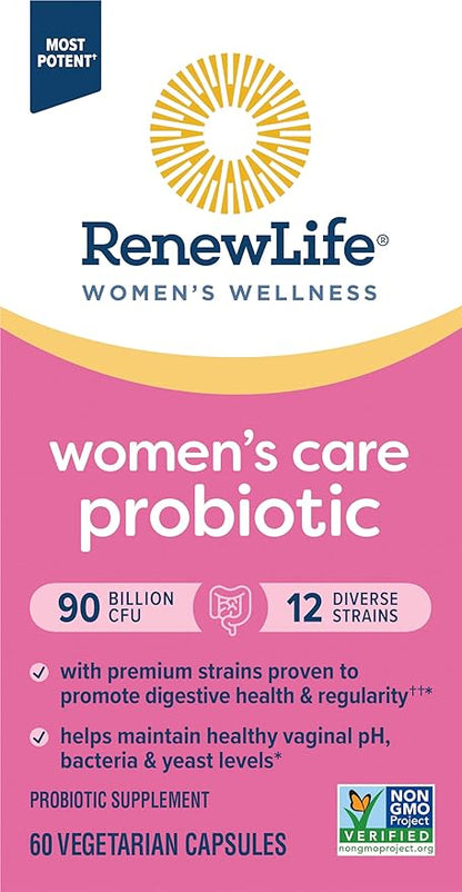 Renew Life Women's Probiotic Capsules, Supports pH Balance for Women, Vaginal, Urinary, Digestive and Immune Health, L. Rhamnosus GG, Dairy, Soy and Gluten-Free, 90 Billion CFU - 60 Ct