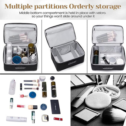 Portable Cosmetic Bag with Lock, Large Capacity Travel Makeup Case Organizer, Waterproof Makeup Bags for Girls Traveling With Handle and Divider Makeup Bag…(Black)