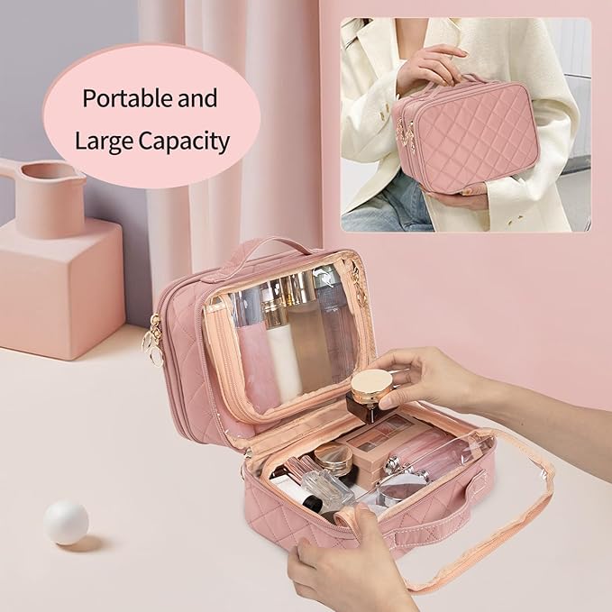 OCHEAL Makeup Bag, Double Layer Cosmetic Bag, Large Capacity New Look Clear Cosmetic Case for Women Travel Beauty Essentials, Multiple Compartments Makeup Case Organizer Zipper Pouch -Nude Pink