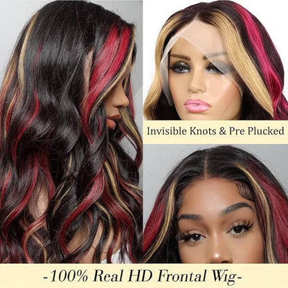 FABA Skunk Stripe Wigs Black Red Blonde Highlights Wig Human Hair 32 inch 13x4 HD Lace Front Human Hair 180% Density Black and Red Wig Highlight Body Wave Pre Plucked with Baby Hair