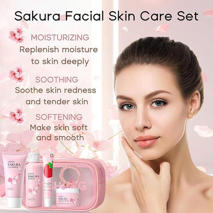 Cherry Blossom Skincare Set Women Gifts - Skin Care Set Hydrating - Skincare for Girls 10-12 Moisturizing - Travel Kit with Cleanser,Toner,Lip Mask,Cream(One Size, Cherry Blossom 6PCS Scent)