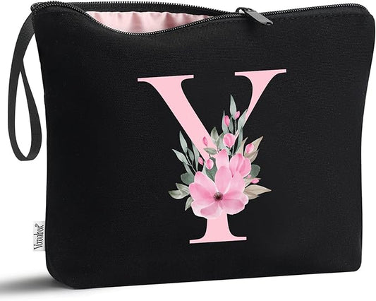 Vavabox A-Z Personalized Makeup Bag, Birthday Gifts for Women Mom, Gifts for Best Friend, Bride Bridesmaid Cosmetic bag (Y, Black)